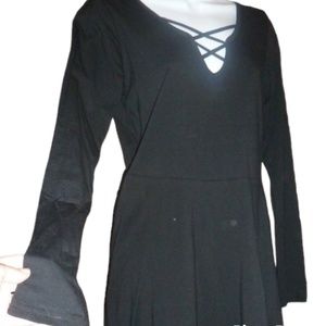 Short Black Dress, Long Sleeves, Strappy V-Neck M Nwt, by JayJay